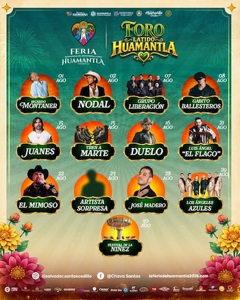 Cartel verde de la Feria Huamantla y Foro Latido. Muestra catorce fotos de cantantes con sus nombres y fechas de presentación para agosto