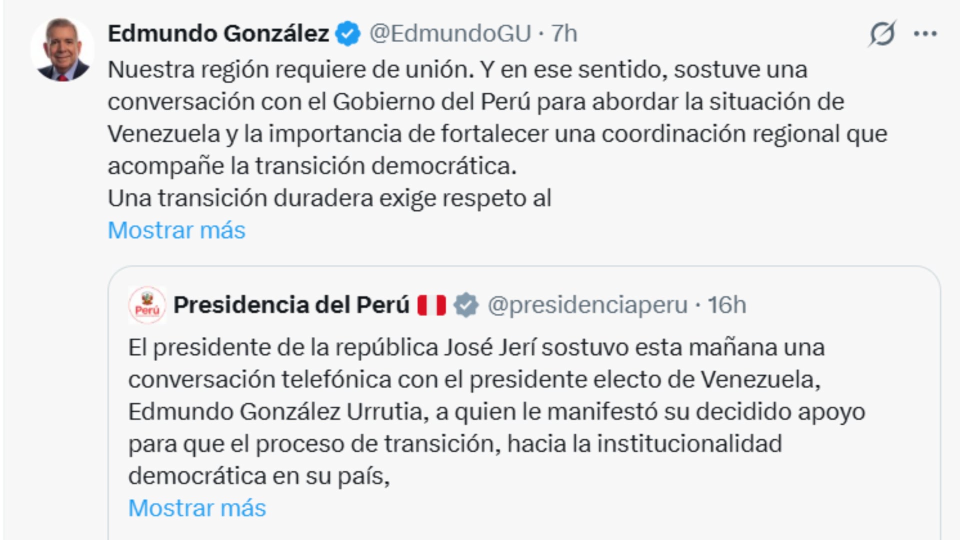 Edmundo González agradece respaldo del Perú y pide respetar el voto para una transición en Venezuela
