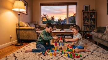 Dos niños sentados sobre una alfombra juegan con bloques de madera de colores en una sala iluminada frente a una ventana al atardecer