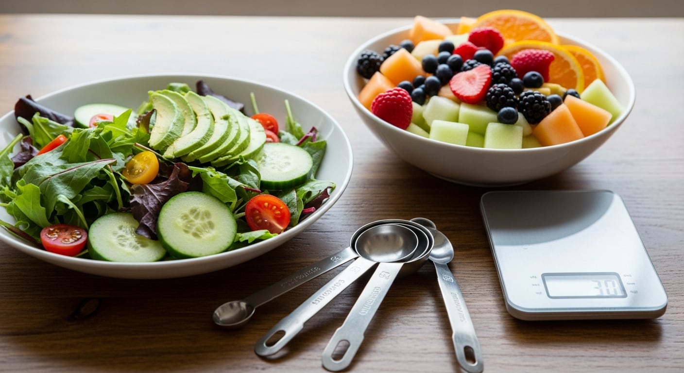 Platos con ensalada de hojas verdes y fruta fresca cortada se acompañan de cucharas medidoras y una balanza para el control de la alimentación. (Imagen Ilustrativa Infobae)
