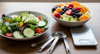 Dos cuencos con ensalada verde, aguacate y tomate, y macedonia de melón, arándanos, fresas y naranja. Cucharas medidoras y balanza digital.