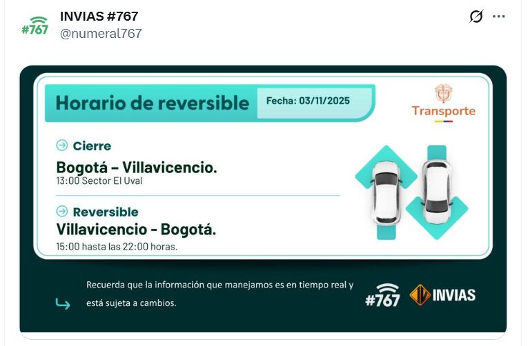 El cierre de la vía al Llano se dará a la una de la tarde del lunes festivo - crédito Invías/X