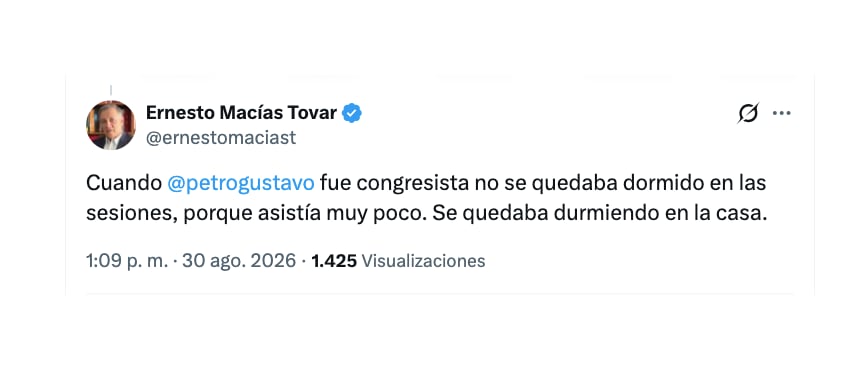 El expresidente del Congreso Ernesto Macías expresó en sus redes sociales sus críticas al exmandatario Gustavo Petro y señaló cómo fue su periodo como senador - crédito @ernestomaciast/X