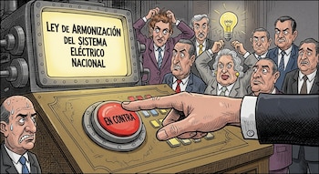 Caricatura: una mano presiona el botón "EN CONTRA", frente a una pantalla con "Ley de Armonización del Sistema Eléctrico Nacional" y políticos angustiados.