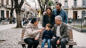 Dos adultos mayores y un niño sentados en un banco de plaza mientras un hombre y una mujer de pie detrás los observan en una calle empedrada.