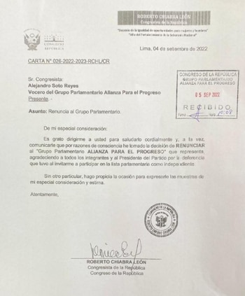 Carta de renuncia del congresista