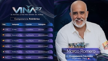 Lista de participantes de la competencia folclórica de Viña 27 junto a un retrato del cantante Marco Romero con camisa blanca