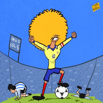 Caricatura del Pibe Valderrama en el 5-0 de la selección Colombia a Argentina - crédito Omar Momani