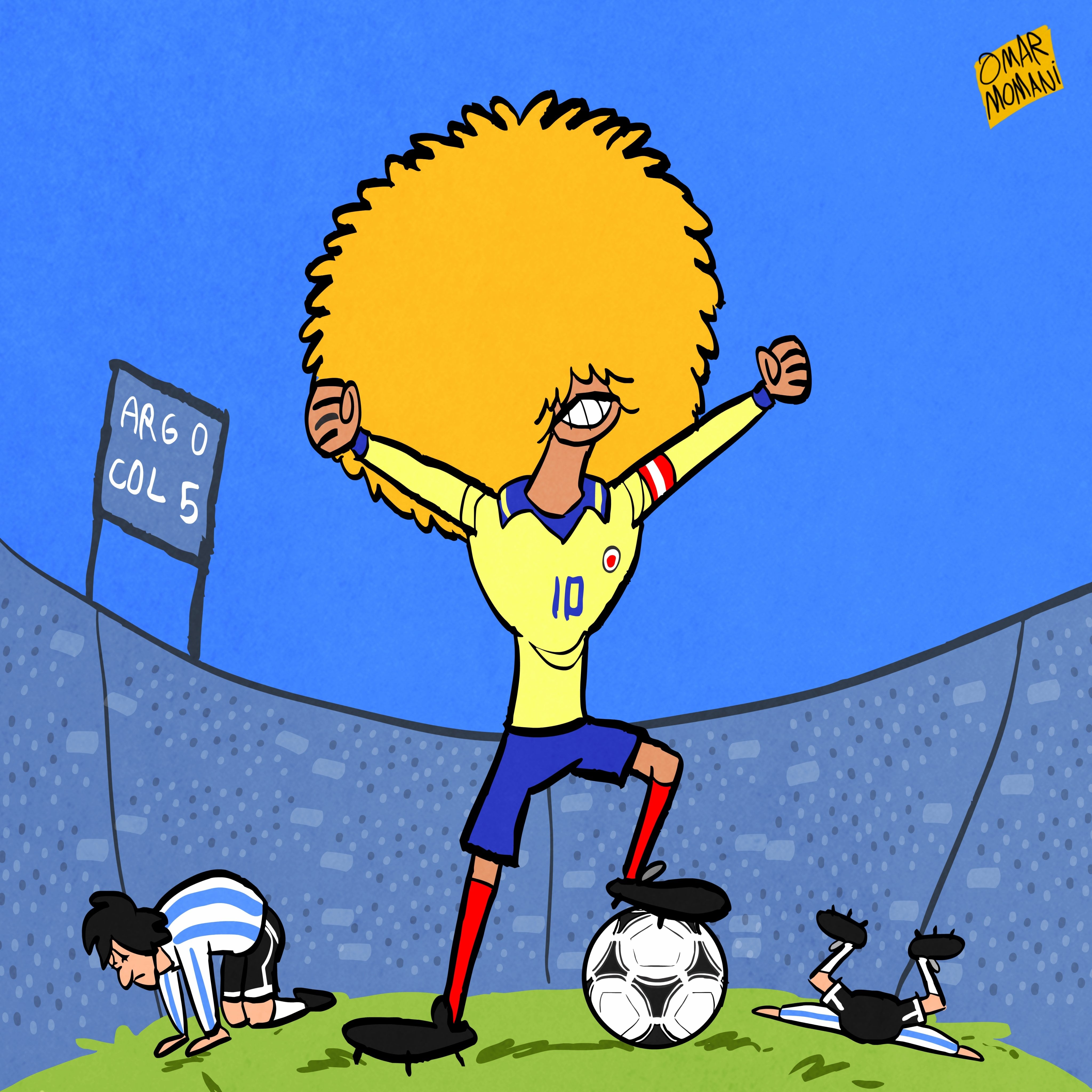 Caricatura del Pibe Valderrama en el 5-0 de la selección Colombia a Argentina - crédito Omar Momani