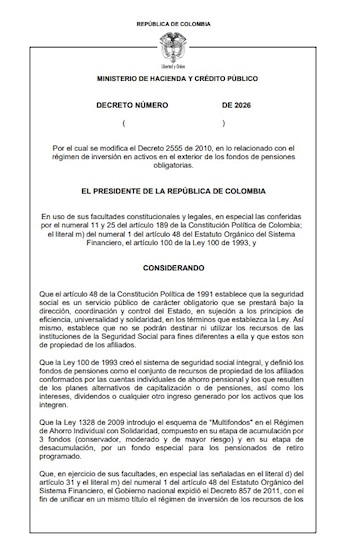 De acuerdo con el borrador de decreto, los fondos de pensiones tendrían que traer a Colombia $25 billones en 15 días - crédito Ministerio de Hacienda