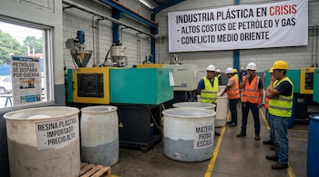Trabajadores con cascos y chalecos en una fábrica de plásticos, con maquinaria industrial, barriles de resina, y un cartel sobre la crisis del sector.