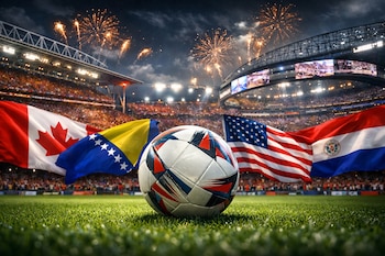 Un balón de fútbol oficial en césped verde, con banderas de Canadá, Bosnia y Herzegovina, Estados Unidos y Paraguay. Estadios iluminados y fuegos artificiales de fondo.