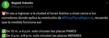 El organismo distrital advierte a los capitalinos de las restricciones que habrán en la movilidad en la Operación Retorno el próximo lunes festivo 6 de noviembre - crédito @BogotaTransito/X