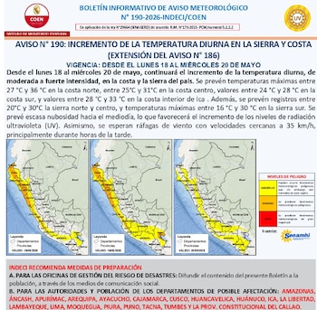 Boletín meteorológico con tres mapas de Perú, resaltando en colores las zonas costeras y andinas afectadas por altas temperaturas y fuertes vientos