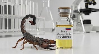 Escorpión oscuro y frasco de vidrio con líquido amarillo. Etiqueta del frasco: Suero Antiescorpiónico INS Colombia. Fondo con tubos de ensayo y microscopio.