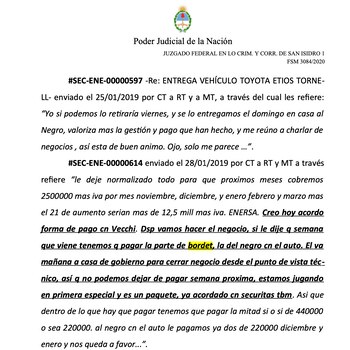 El mensaje entre Claudio, Ramiro (su hijo) y Marcelo Tortul en el que se menciona a al ex gobernador Bordet, incluido en el procesamiento de Arroyo Salgado