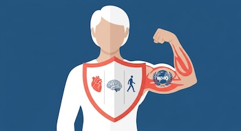 Ilustración plana del torso de una persona mayor con cabello blanco, mostrando un escudo en el pecho con iconos de corazón, cerebro y una persona caminando, y el logo de la OMS en el brazo.
