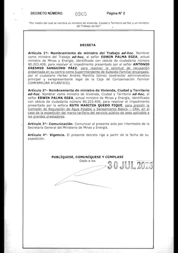 La decisión, firmada el 30 de julio de 2026, concentra en un solo funcionario la atención de tres carteras para resolver dos asuntos derivados de impedimentos aceptados en el Consejo de Ministros - crédito Presidencia