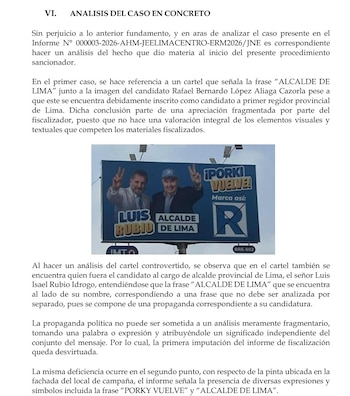 Página de un documento oficial que incluye párrafos de texto y la fotografía de un cartel electoral azul con dos candidatos