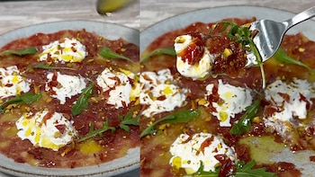Carpaccio de higos con jamón, rúcula, mozzarella y trozos de pistacho. (TikTok/Pablo Suárez)