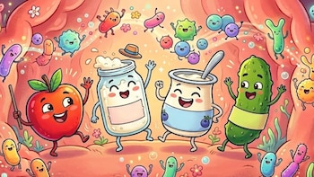 Ilustración de caricatura: manzana, kéfir, yogur y pepinillo sonrientes bailan con bacterias amigables dentro de un intestino rosa claro