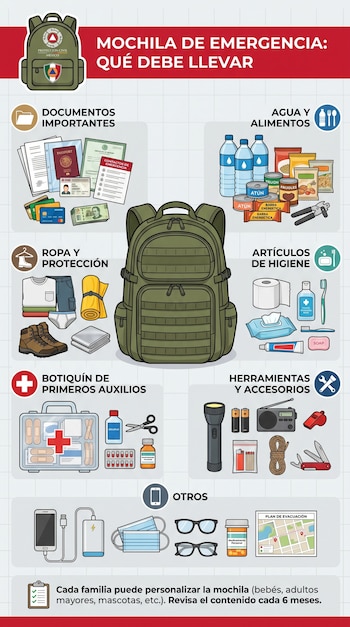 Infografía detallada mostrando una mochila de emergencia y todos los artículos esenciales divididos en categorías como documentos, alimentos, ropa, botiquín y herramientas.