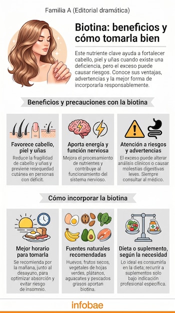 Infografía detallada sobre la biotina, mostrando una mujer con cabello y uñas saludables, junto a íconos que ilustran sus beneficios, riesgos y cómo incorporarla en la dieta.