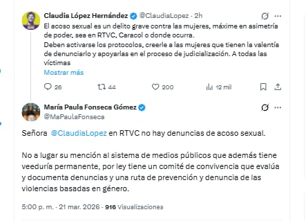 María Paula Fonseca Gómez aseguró que ningún ente de control ha encontrado hechos de violencia sexual en Rtvc - crédito @MaPaulaFonseca/X