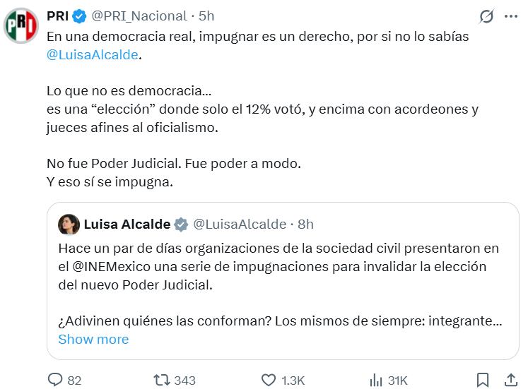 PRI Nacional le responde a Luisa María Alcalde, con respecto a la Elección Judicial. (Captura de pantalla)