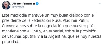 Tuit de Alberto Fernández demostrando