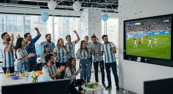 Un grupo diverso de empleados, vestidos con camisetas de Argentina, aplaude y celebra un partido de fútbol en una pantalla gigante en una oficina moderna, con globos y confeti.