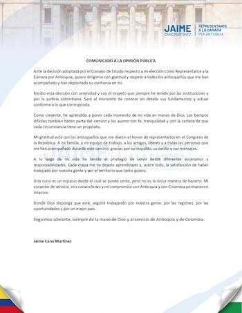 La sentencia fue dictada en única instancia sin opción de recursos y Cano Martínez declaró que acata la resolución con respeto institucional - crédito @JaimeACanoM/X