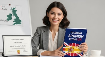 Mujer sonriente sostiene libro "Teaching Spanish in the UK" y certificado de beca. Al fondo, un pizarrón con un mapa del Reino Unido y palabras en español.