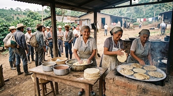 Tres mujeres elaboran tortillas en un comal de barro junto a una mesa con alimentos, mientras varios hombres con sombreros observan al fondo.