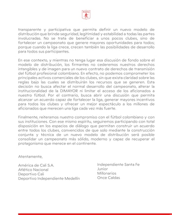 Los "Escarlatas" también mostraron su voz de protesta por la repartición del dinero en los derechos de transmisión de TV -crédito América de Cali