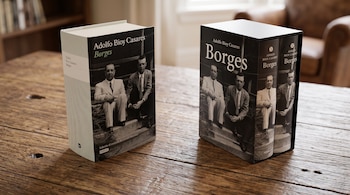 Dos ejemplares del libro titulado Borges de Adolfo Bioy Casares permanecen de pie sobre una mesa de madera con superficie rústica.