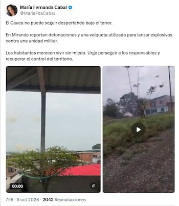 María Fernanda Cabal rechazó atentado en Miranda, Cauca - crédito @MariaFdaCabal/X