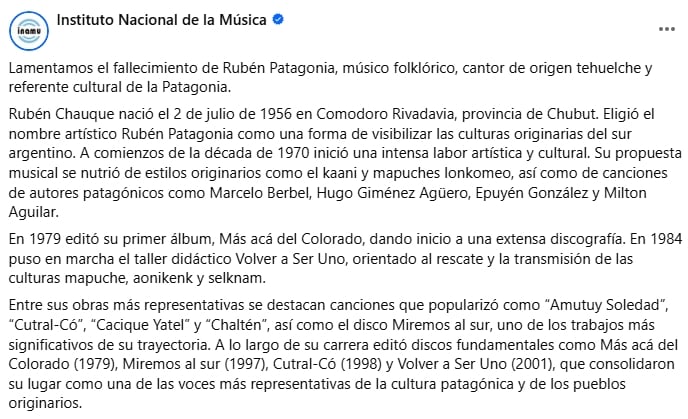 Parte del extenso texto del Instituto de la Música al recordar a Rubén Patagonia