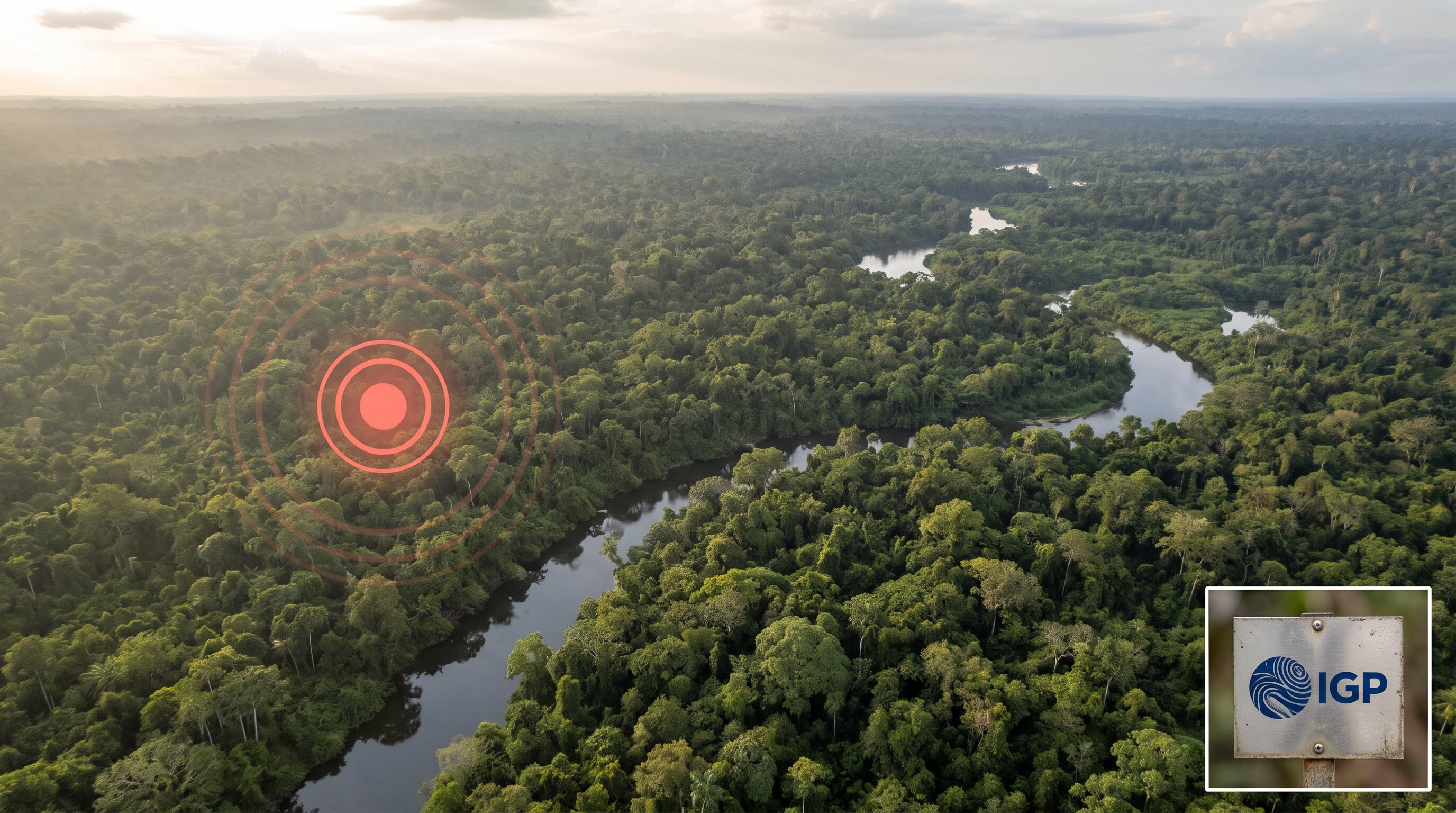 Una representación del epicentro de un sismo se sitúa sobre la Amazonía peruana junto al emblema del Instituto Geofísico del Perú. (Imagen Ilustrativa Infobae)