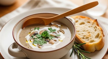 Primer plano de un tazón de sopa de hongos cremosa, decorada con perejil, rodajas de champiñones y aceite, junto a una rebanada de pan rústico y una rama de romero.