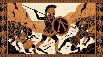 Ilustración al estilo de la cerámica griega antigua: Un guerrero espartano con lanza y escudo (símbolo lambda) lidera una batalla contra enemigos en un paso montañoso.