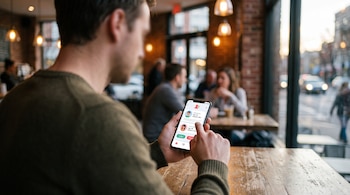 Vista posterior de un hombre sosteniendo un teléfono móvil que muestra una aplicación de citas en la pantalla dentro de una cafetería.