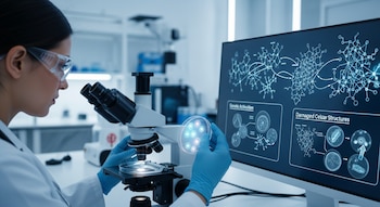 Profesional de la salud con gafas de seguridad y guantes azules usa un microscopio. Sostiene una placa de Petri. Monitor muestra gráficos de activación genética y células dañadas.