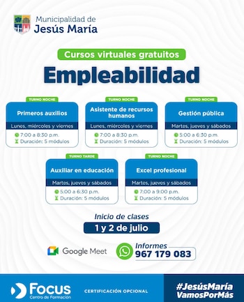 El municipio reiteró que todas las capacitaciones son completamente gratuitas y abiertas al público en general - Créditos: Municipalidad de Jesús María.