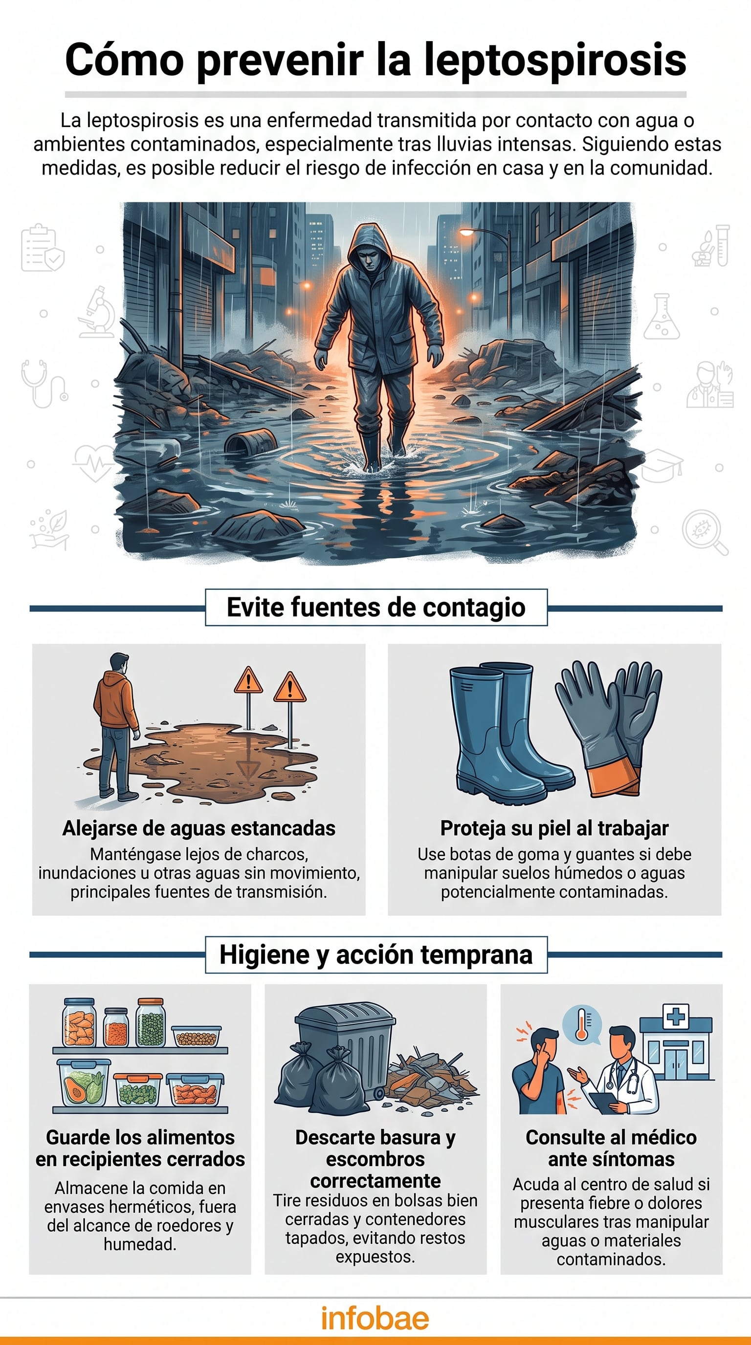 La infografía de Infobae detalla cinco métodos clave para prevenir el contagio de leptospirosis, incluyendo evitar aguas estancadas, proteger la piel y buscar atención médica. (Imagen Ilustrativa Infobae)