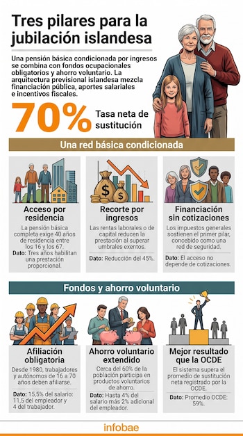 Infografía con texto sobre las pensiones en Islandia, un gráfico con la cifra de 70%, ilustraciones de personas y el logotipo de Infobae.