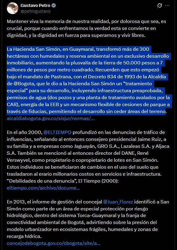 Petro habló sobre las irregularidades en la compra de hectáreas de la Hacienda San Simón Bogotá - crédito @petrogustavo/X