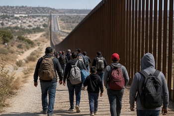 Grupo de personas de espaldas con mochilas caminando junto a una valla metálica alta sobre un camino de tierra.