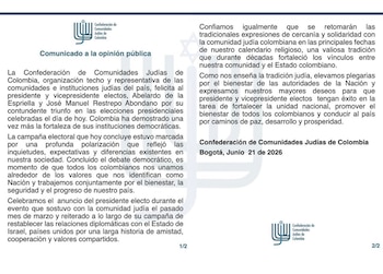 La CCJC destacó el anuncio de restablecer las relaciones diplomáticas entre Colombia y el Estado de Israel - crédito @ccjcolombia/X