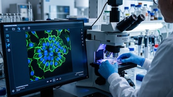 Persona con guantes azules manipula microscopio en laboratorio, un monitor muestra imágenes de células con núcleos azules y estructuras verdes
